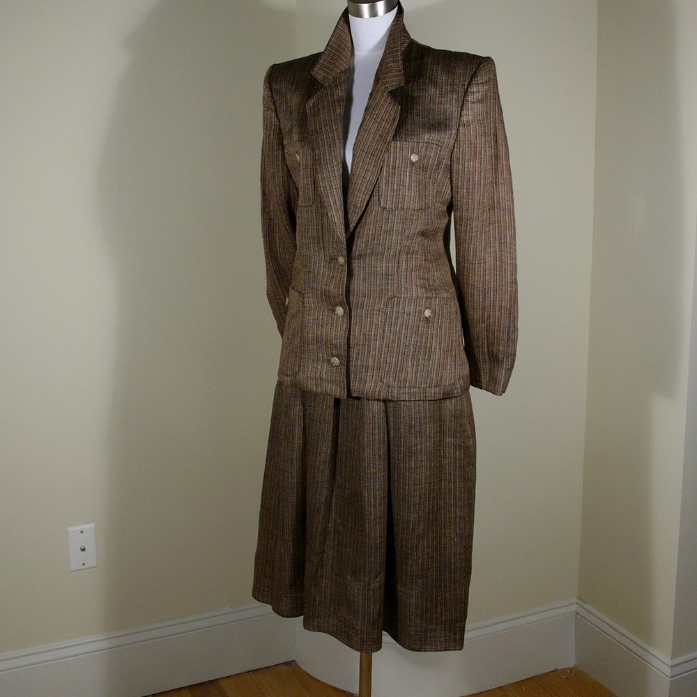 VINTAGE Calvin Klein Pinstipe Burgundy and Taupe LINEN summer suit 8